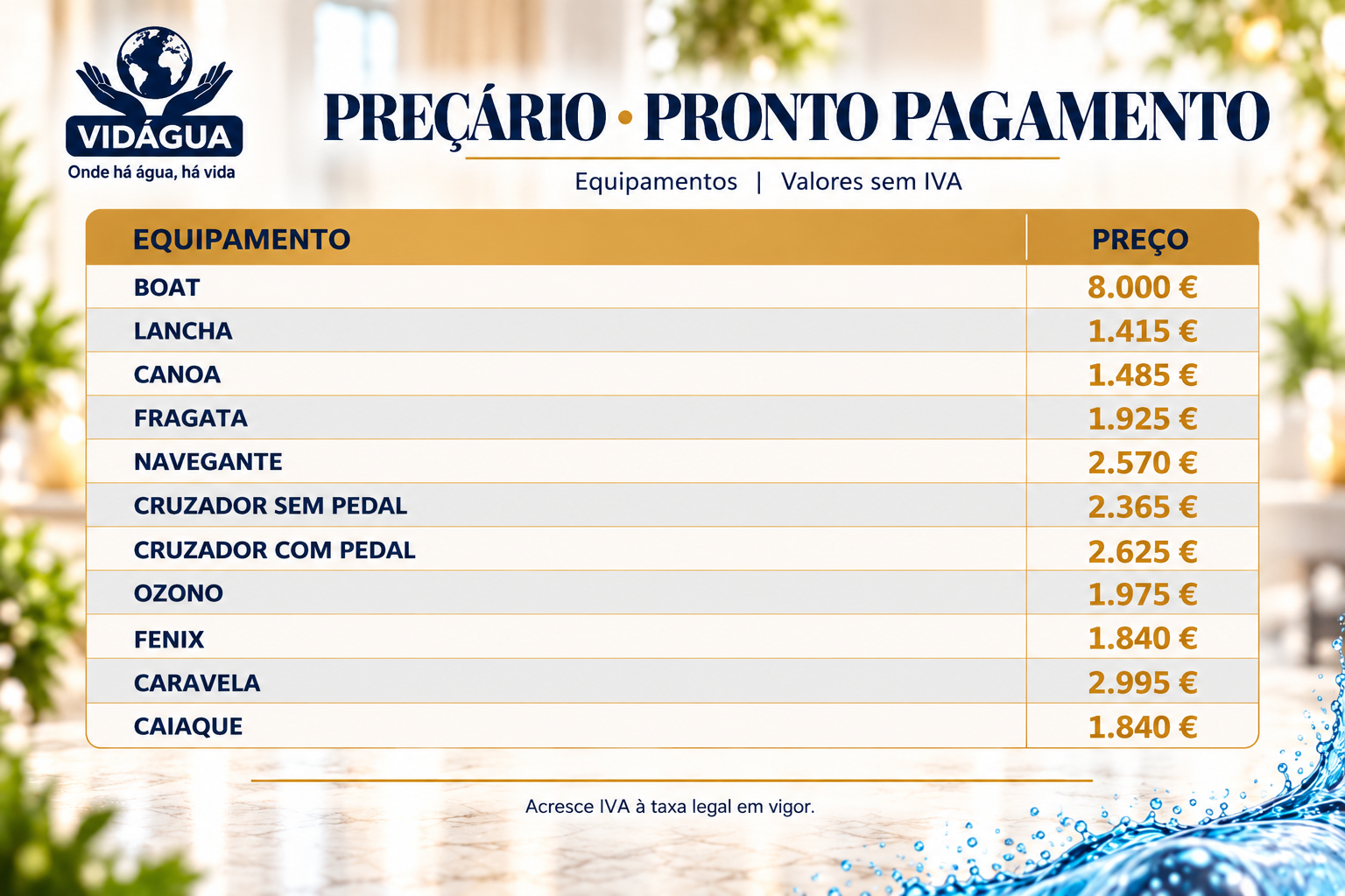 Tabela de preços Pronto Pagamento